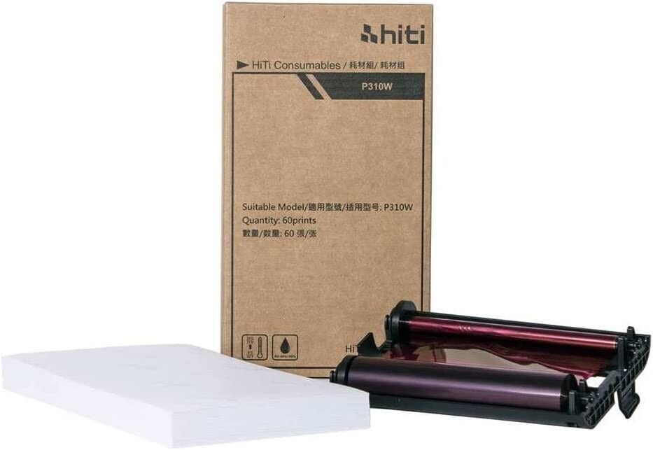 Hiti P310W 6x4 media box, with paper and ribbon on show