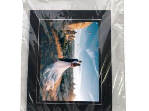 photo mount in clear bag with photo of bride and groom