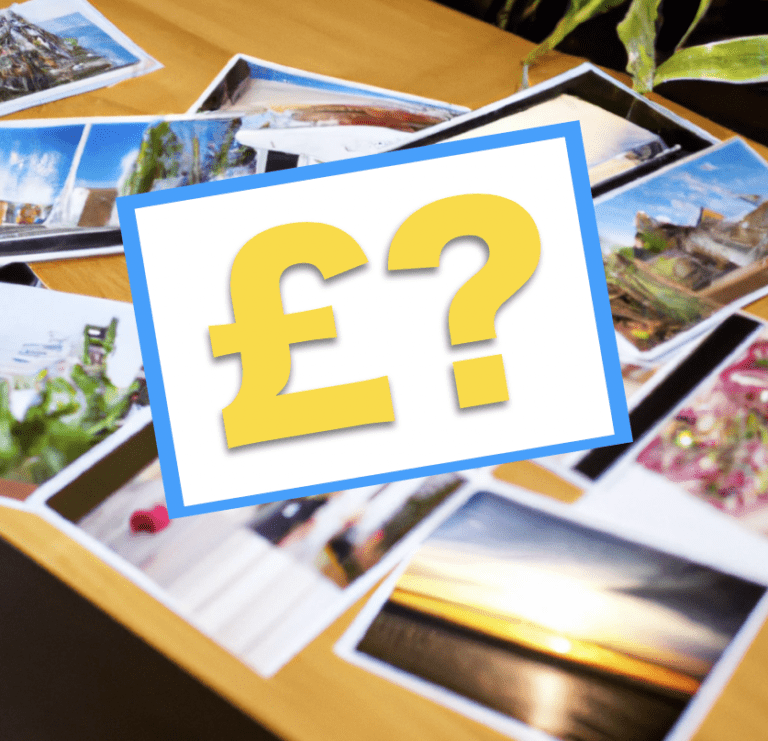 A collection of printed photographs with a pound sign and question mark obscuring them.