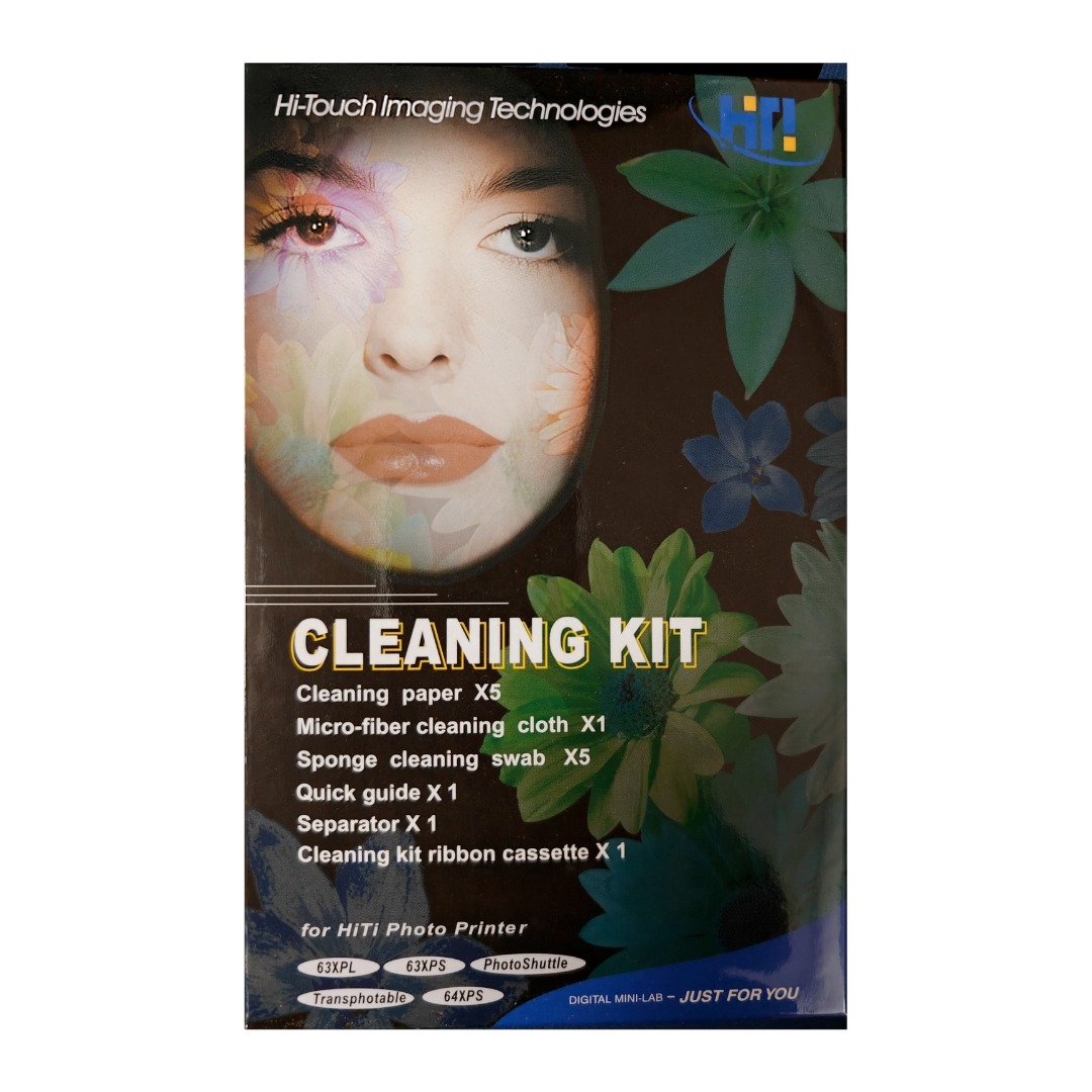HiTi cleaning kit, containing 5 cleaning papers, 1 microfiber cloth, 5 sponge cleaning swabs, 1 cleaning kit ribbon cassete, 1 quick guide, 1 separator