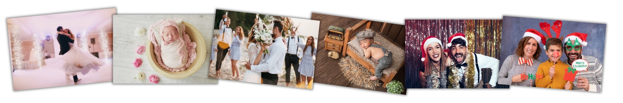 A bride and groom dancing at their wedding. Next to that, a newborn baby sleeping wrapped in a pink blanket. Next, a bride and groom hiding behind a bouquet of flowers. A newborn baby sleeping on a mini bed prop and wearing a flat cap. Two Christmas photo booth photos with families wearing Santa hats and fun festive props.