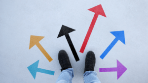 Six coloured arrows pointing away from a pair of trainers.