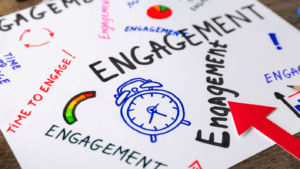 Engagement written all over a sheet of paper, with doodles of a clock,