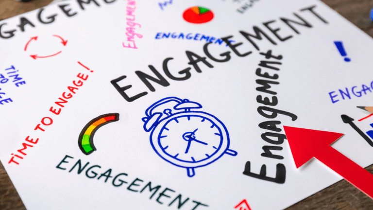 Engagement written all over a sheet of paper, with doodles of a clock,