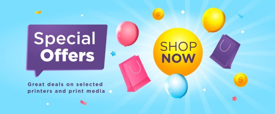 Special offers, great deals on selected printers and print media. Shop now. Various balloons and shopping bags floating around with coins.