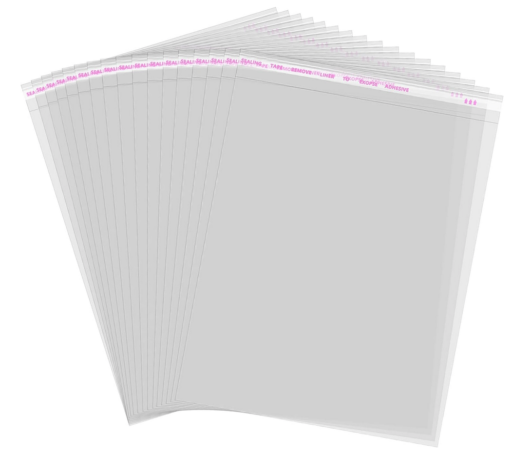 Bunch of clear self-adhesive bags fanned out together