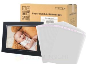 Box of CX-02 6x8 media, a black and silver mount with baby photo, and a bunch of self-seal clear bags