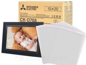 Box of CKD768 6x8 media, a black and silver mount with baby photo, and a bunch of self-seal clear bags