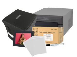 CX02 printer bundle with CX02 printer, 6x8 media, 6x8 mounts, clear display bags, a printer carry bag, and thermal cleaning pen