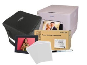 CY02 printer bundle with CY02 printer, 6x8 media, 6x8 mounts, clear display bags, a printer carry bag, and thermal cleaning pen