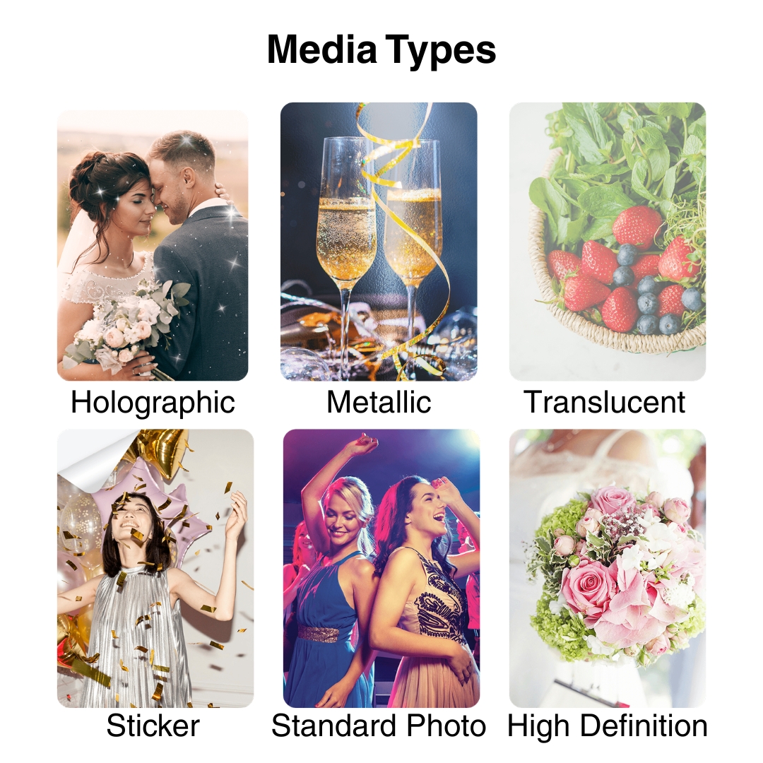 Media types: holographic, metallic, translucent, sticker, standard photo paper, high definition paper
